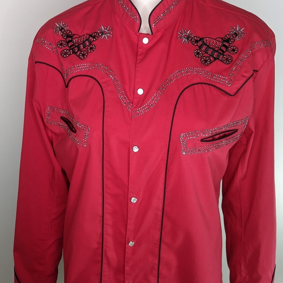 Unisex Red Western Pearl Snap Embellished Shirt Small Southwestern - Picture 11 of 11
